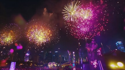2024 New Year celebrations. Festive decorations, fireworks, and family gatherings. Highlighting the joy and excitement of the new year. Ideal for holiday greetings and event promotions.