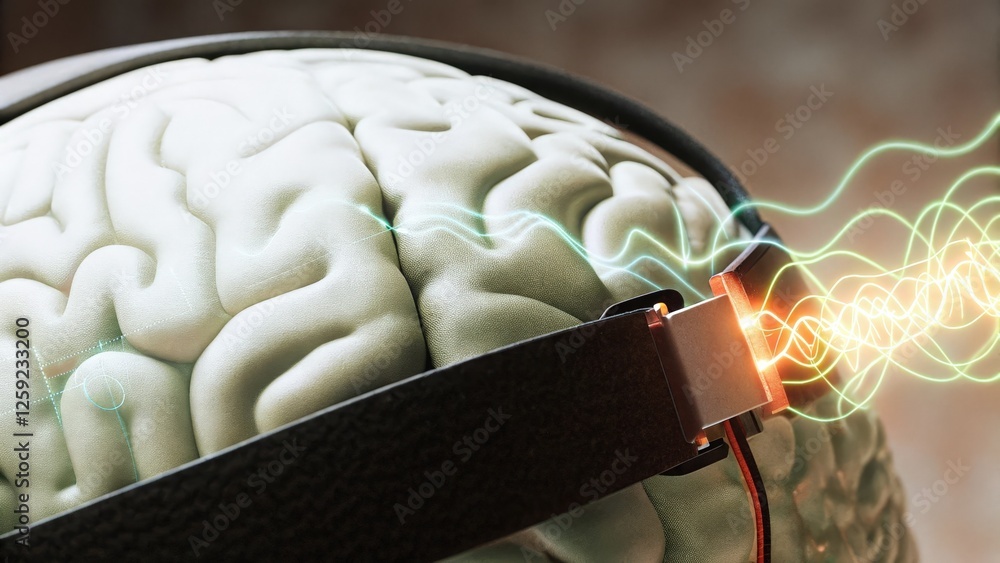 Poster an engaging closeup where the neural interface headset appears to be processing data with visual rep