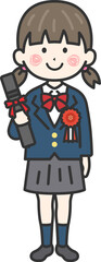 卒業証書を持った、ブレザーを着た、女子学生（線画）のイラスト