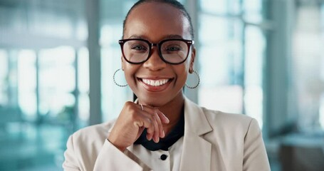 Black woman, face and accountant in office, confident financial advisor and proud professional. Portrait, expert trader and workplace for laughing consultant, positive banker and happy employee