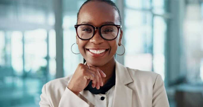 Black woman, face and accountant in office, confident financial advisor and proud professional. Portrait, expert trader and workplace for laughing consultant, positive banker and happy employee