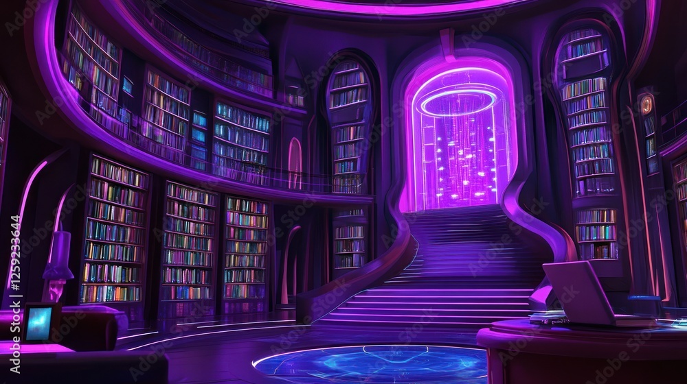 Poster futuristic library with purple lighting and central data display