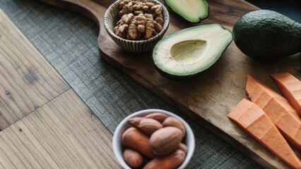 A selection of whole foods including avocados walnuts and sweet potatoes laid out on a rustic wooden surface emphasizing their nutritional benefits for hormone regulation.