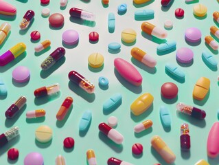 Vibrant Close-Up of Diverse Pills and Capsules on Bright Surface