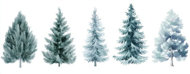 Winter Spruce Trees, Isolated, Watercolor Style