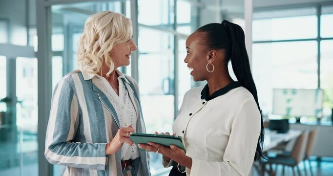 Collaboration, online and women with tablet, office and asking for feedback from manager or colleagues. Teamwork, publicist and people with tech for media strategy, browsing or creative with research