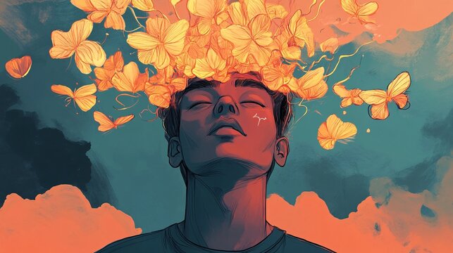 Young man experiencing transformation with flowers and butterflies