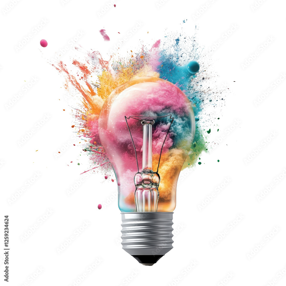 Poster light bulb surrounded by colorful paint splashes creating an artistic explosion of color and creativ