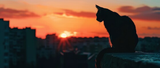 Silhouette of a contemplative cat against a vibrant urban sunset