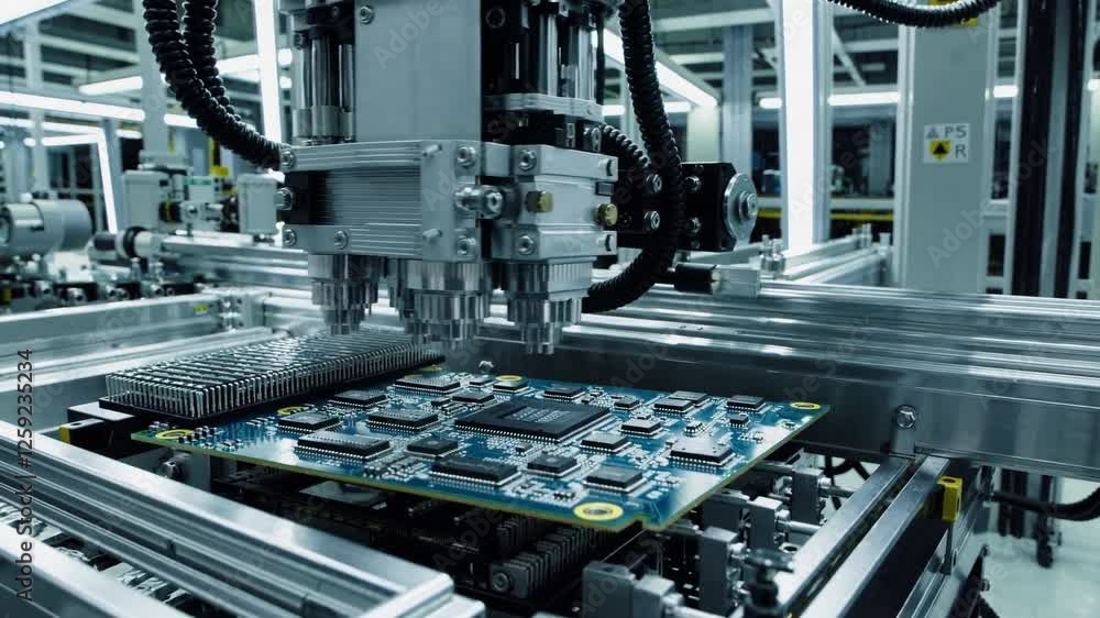 Poster industrial robot arm assembling circuit board in high-tech factory