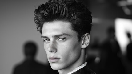 Close up showcases stunning pompadour hairstyle featuring smooth shine and sharp fade. stylish barber is work in sleek contemporary barbershop ambiance.