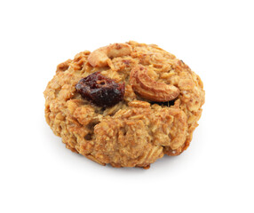 One delicious oatmeal cookie with dried cranberries and nuts isolated on white