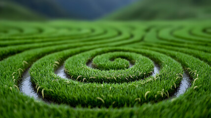 Naklejka premium Lush green grass grows in a precise spiral pattern surrounded by water channels in a rural field.