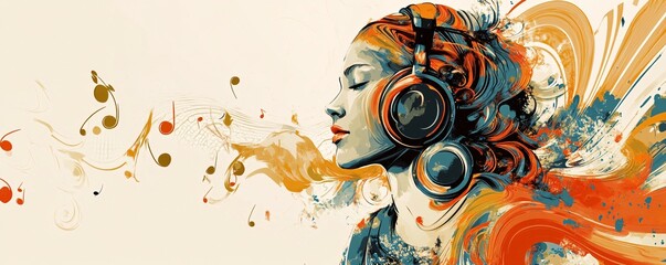 Woman listening music with headphones colorful design