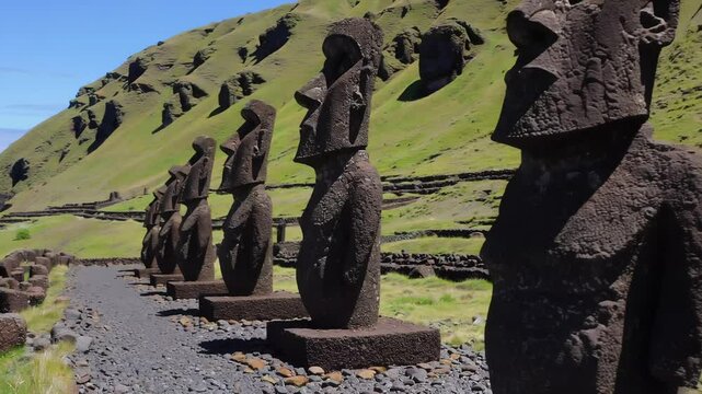 Majestic moai statues facing ocean with verdant hills in background
