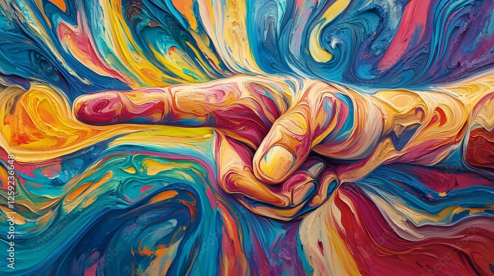 Aufkleber hand pointing made of colorful paint swirls abstract background