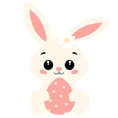 Cute cartoon bunny holding a decorated pink Easter egg with floral patterns