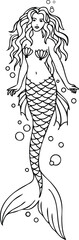 Cute Mermaid isolated vector illustration, Hand drawn cartoon mermaid outline illustration on white background. Coloring books For Kids And Adults.