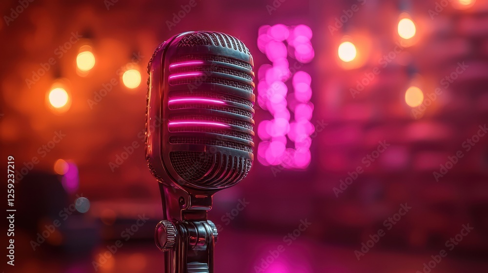 Poster retro microphone in a colorful stage setting