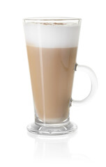 Tasty latte macchiato in glass cup isolated on white