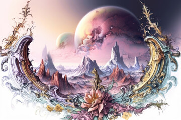 Beautiful fantasy landscape. Colorful fantasy illustration. Digital painting.
