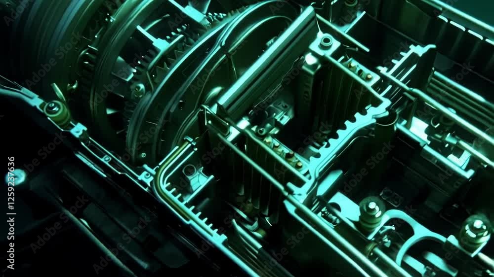 Poster intricate metallic gears and components of a gearbox rotate, bathed in a vibrant green light, showca