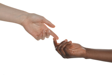 Stop racism. People of different skin colors joining hands on white background, closeup