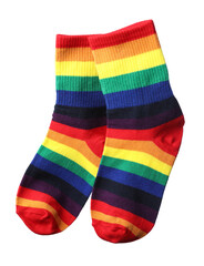 Pair of socks in LGBT colors on white background