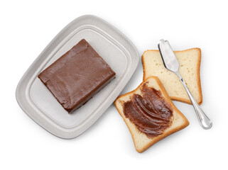 Tasty sandwiches with chocolate butter and knife isolated on white, top view