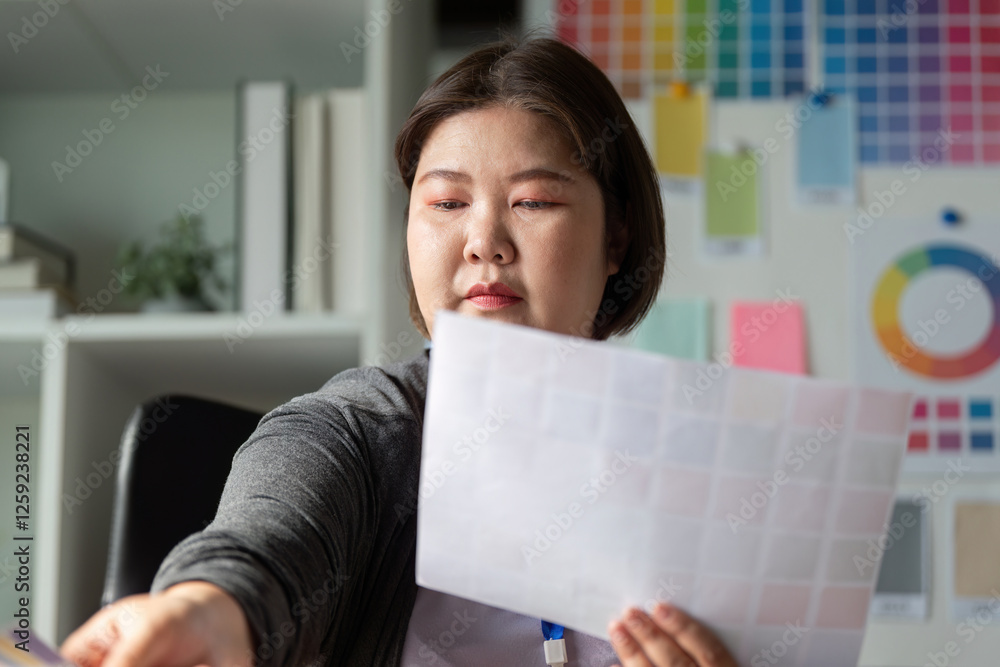 Poster diverse graphic designer selecting color swatches for a project in a workspace.