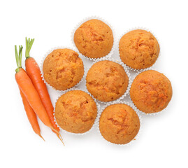 Tasty carrot muffins and fresh vegetables isolated on white, top view