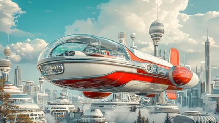 Futuristic Flying Vehicle in a High-Tech Cityscape with Sleek Design Elements