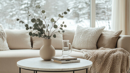 Minimalist interior design of modern cozy livingroom with winter decor
