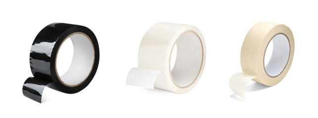 Rolls of different adhesive tapes isolated on white, set