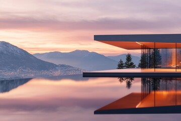 Modern minimalist architecture with mountain view at sunset over tranquil water