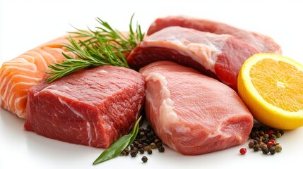 Fototapeta premium Raw Meat and Fish Selection with Herbs and Lemon