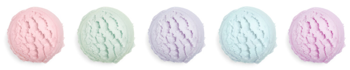Tasty ice-cream, scoops of different flavors on white background, set. Top view