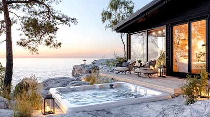 Serene Coastal Retreat with Hot Tub Overlooking Tranquil Waters at Sunset in a Modern Outdoor Setting
