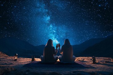 Desert night, couple stargazing, Milky Way, calm