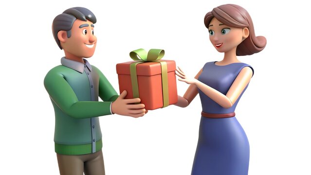 3D-rendered illustration of a smiling man presenting a red square gift box with a green ribbon bow to a woman in a blue dress. White background.
