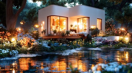 Modern house surrounded by colorful flowers and glowing lights near tranquil river in serene nature setting