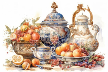 Still life with fruits on a white background. Watercolor painting.