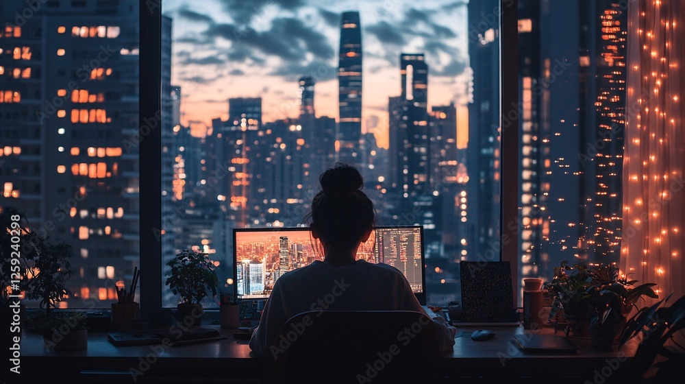 Poster Programmer is working late at night on her computer with the city lights in the background