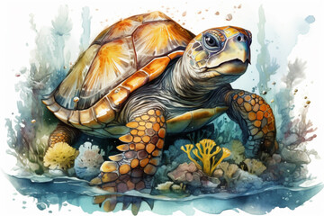 Fototapeta premium sea turtle on white background., watercolor style, Generative AI