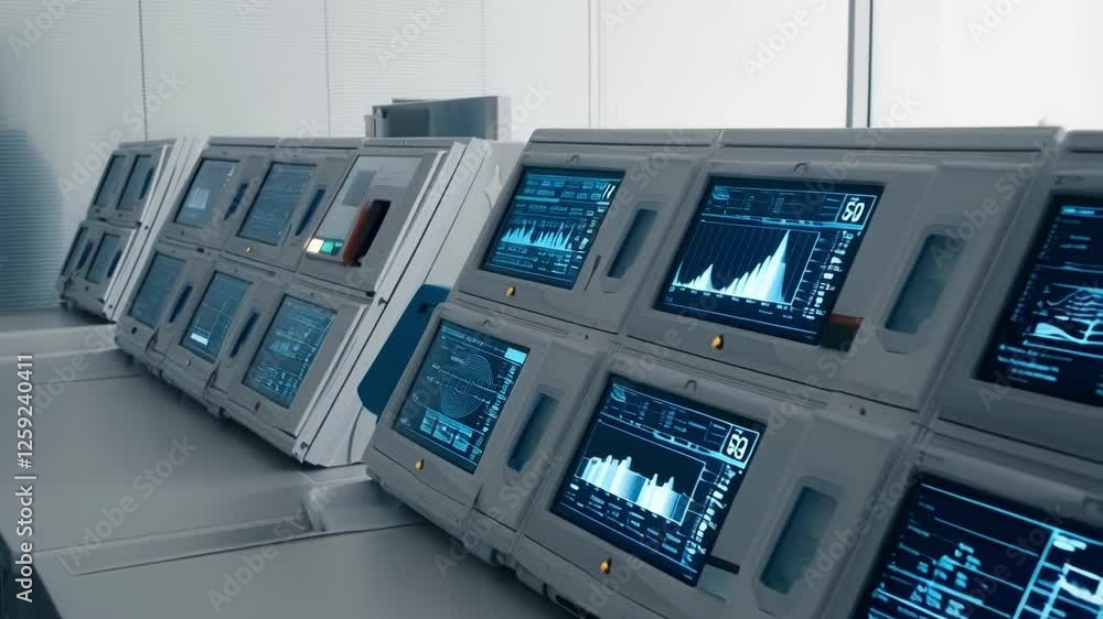 Poster several computer screens display complex data visualizations, suggesting monitoring of sea condition