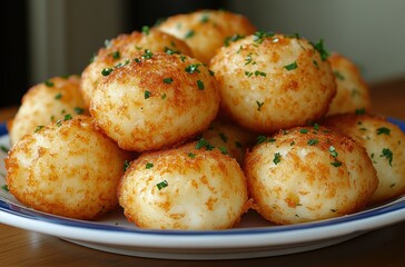 Fototapeta premium A tempting stack of golden-brown potato balls, crispy on the outside and soft on the inside, garnished with fresh herbs, perfect for snacking or serving at gatherings