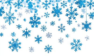 Blue snowflakes falling on white background; winter holiday design