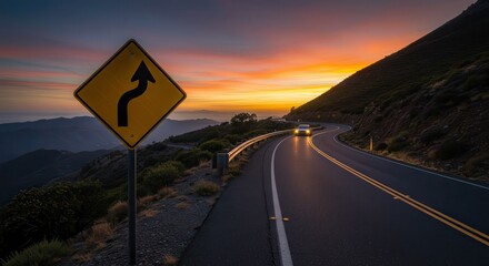 Driving on Winding Mountain Road at Sunset with Curve Sign