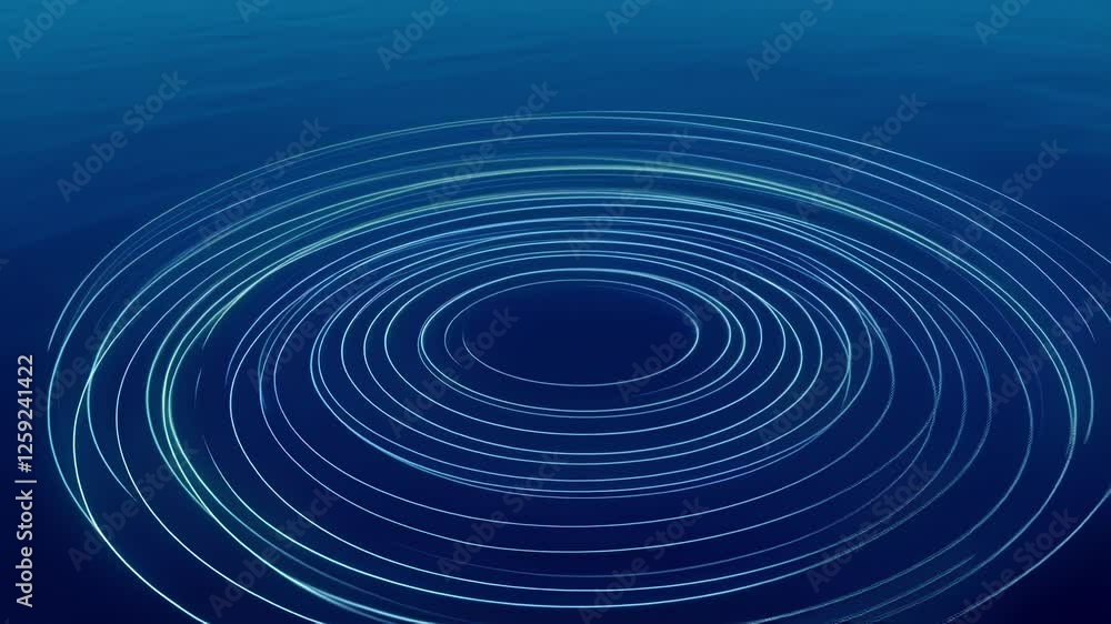 Poster mesmerizing blue concentric light trails expanding and propagating across dark water surface, creati