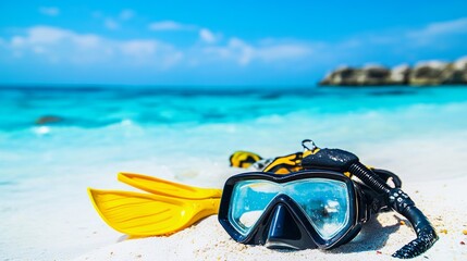 Snorkeling equipment: mask, snorkel, fins on sandy beach with clear blue water and tropical fish backdrop. Emphasizing snorkeling exploration and marine environment.